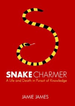 The cover of the book, The Snake Charmer - Red background with cartoon snake