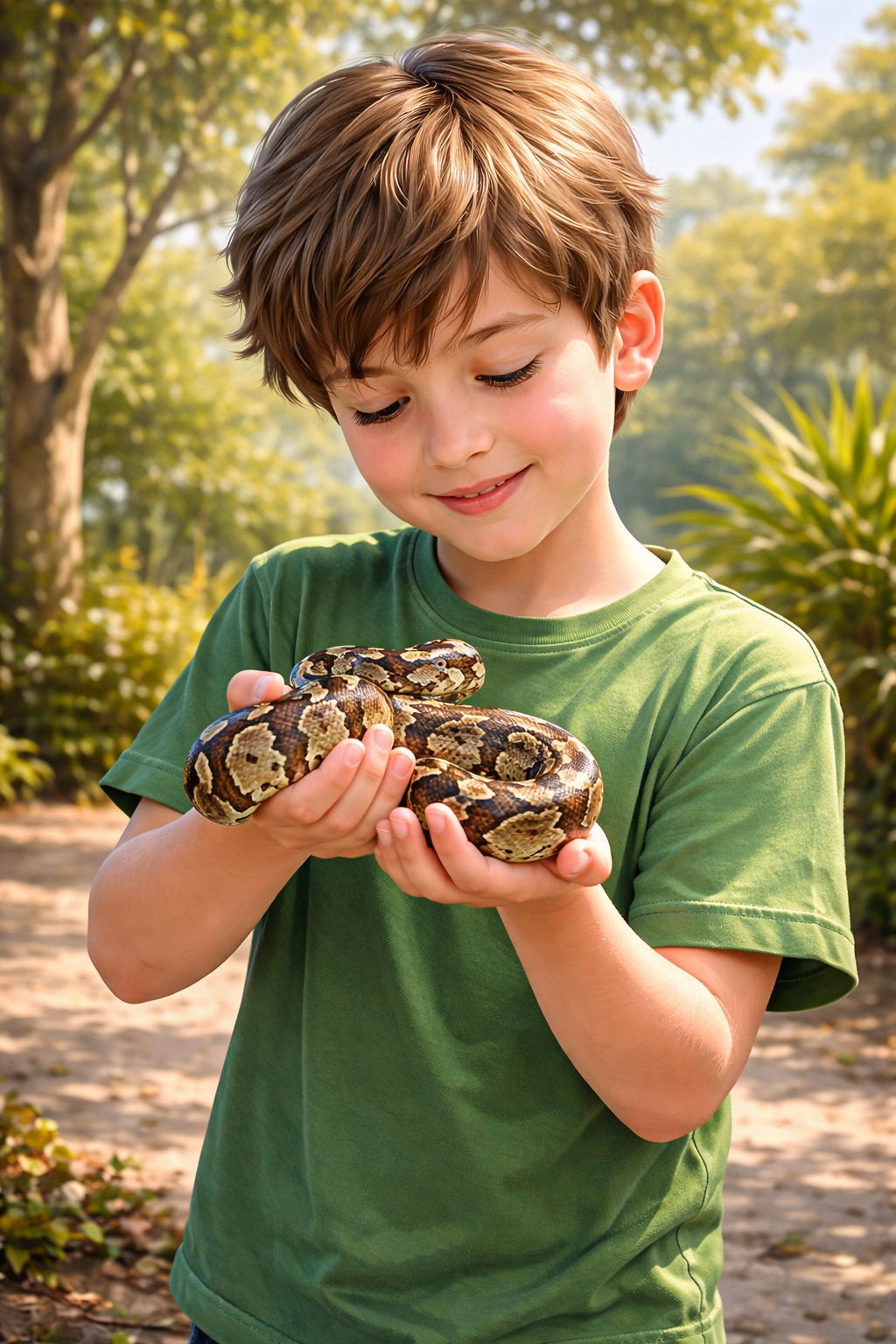 Cartoon image of a boy holding a Ball Python