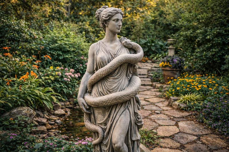 Garden statue of female with snake Garden statue of female with snake