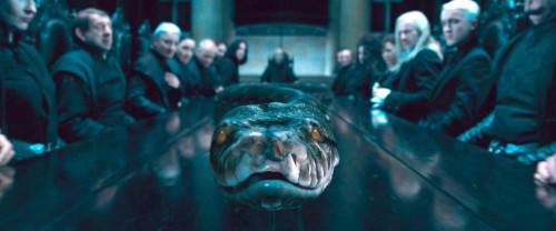 Nagini in the "Harry Potter" Series crawling along a dining table